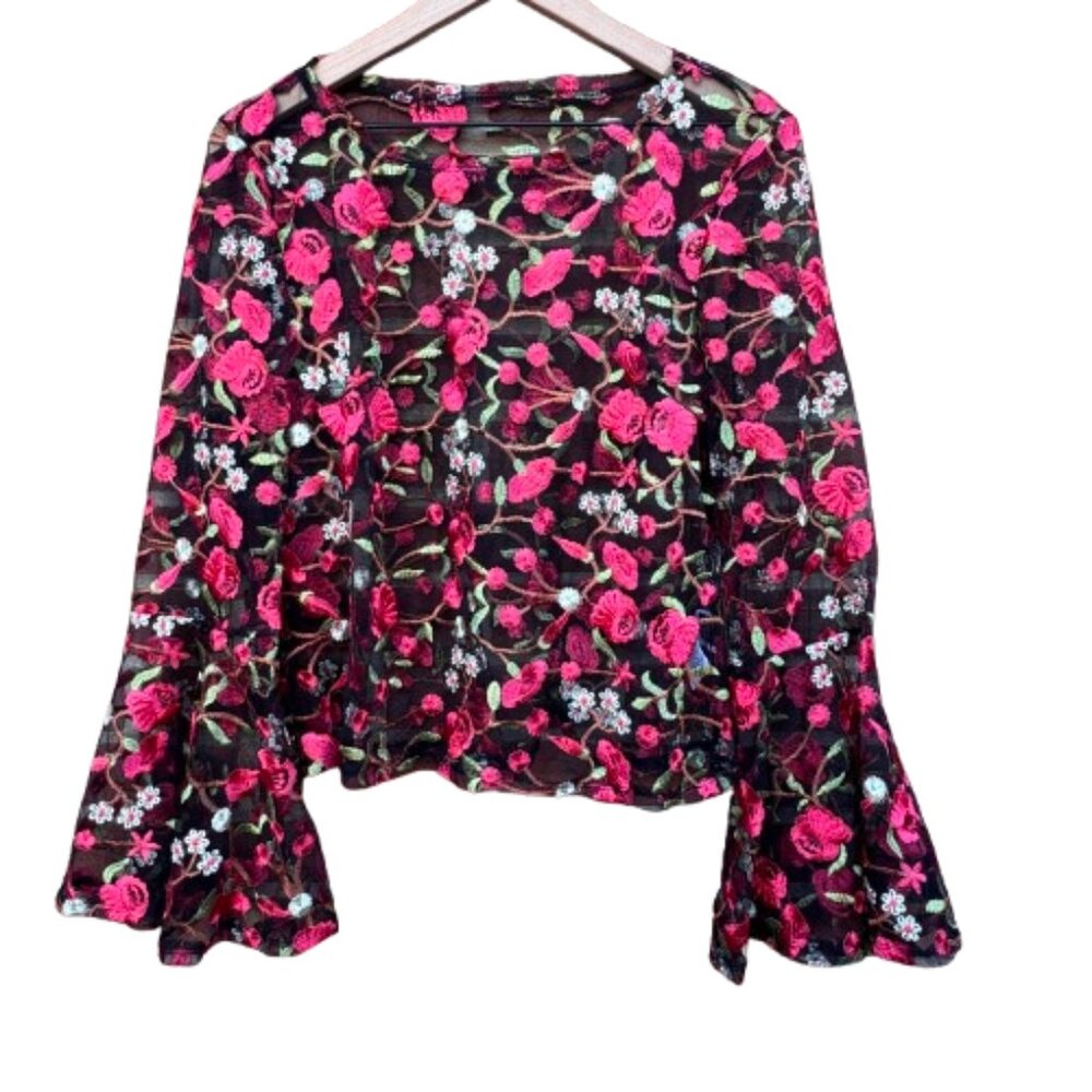 Black Sheer Top Embroidered Red Roses Bell Sleeve Romantic Whimsigoth XL